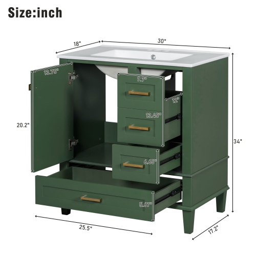 30" Green Modern Bathroom Vanity Cabinet w/ Sink, Soft Close, 3 Drawers