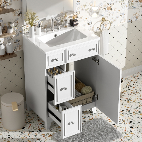 24" Bathroom Vanity Cabinet with Ceramic Sink, 2 Drawers, 1 Door