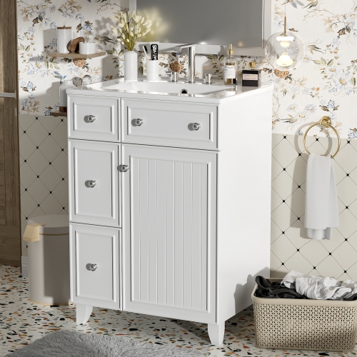 24" Bathroom Vanity Cabinet with Ceramic Sink, 2 Drawers, 1 Door