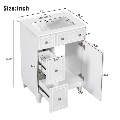 24" Bathroom Vanity Cabinet with Ceramic Sink, 2 Drawers, 1 Door