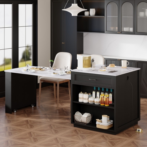 Black Kitchen Island w/ Extendable Table, Storage, Outlets - 82.7"