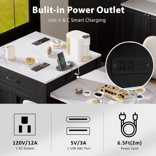 Black Kitchen Island w/ Extendable Table, Storage, Outlets - 82.7"