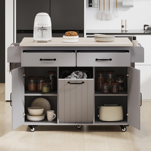 Rolling Kitchen Island with Trash, Storage, Spice Rack, & Drawers - Grey