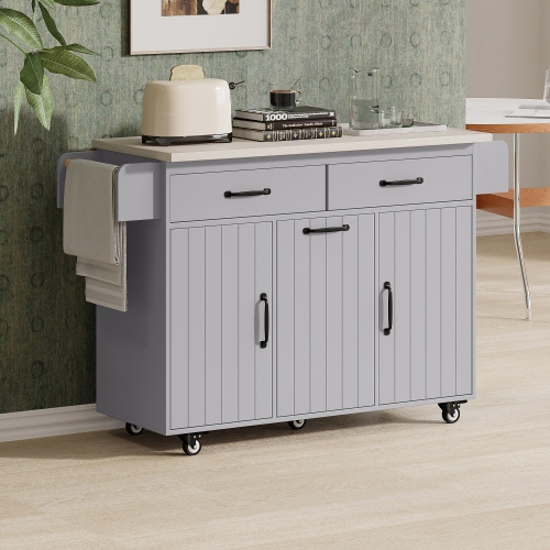 Rolling Kitchen Island with Trash, Storage, Spice Rack, & Drawers - Grey