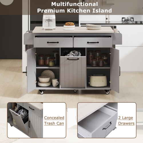 Rolling Kitchen Island with Trash, Storage, Spice Rack, & Drawers - Grey