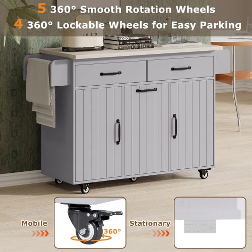 Rolling Kitchen Island with Trash, Storage, Spice Rack, & Drawers - Grey