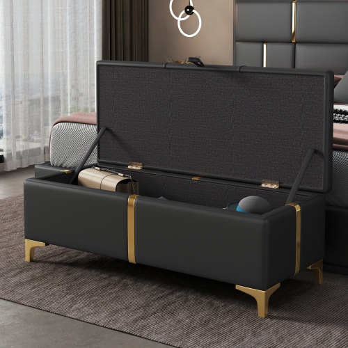 Upholstered Storage Ottoman Bench w/ Metal Legs - Black