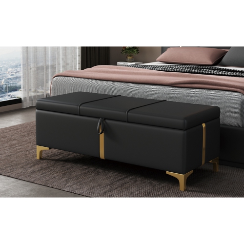 Upholstered Storage Ottoman Bench w/ Metal Legs - Black