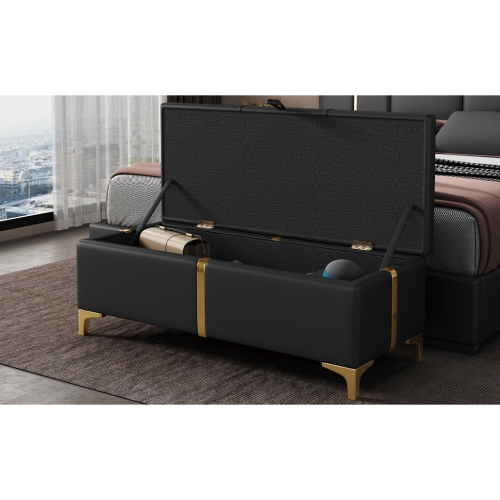 Upholstered Storage Ottoman Bench w/ Metal Legs - Black
