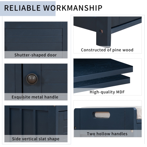 Banc de rangement bleu marine antique avec 3 portes et coussin