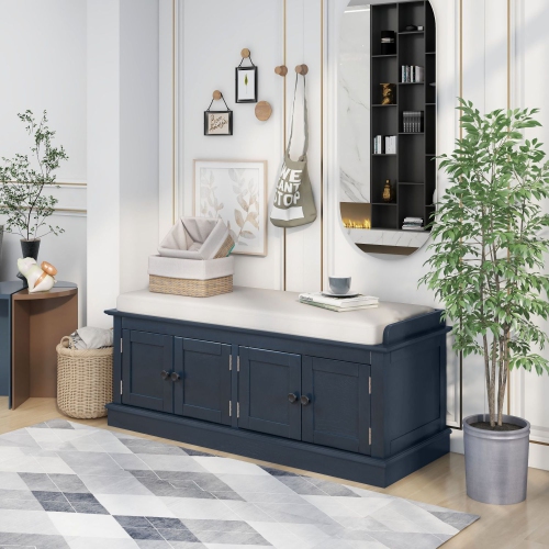 Banc de rangement bleu marine antique avec 4 portes et tablettes ajustables