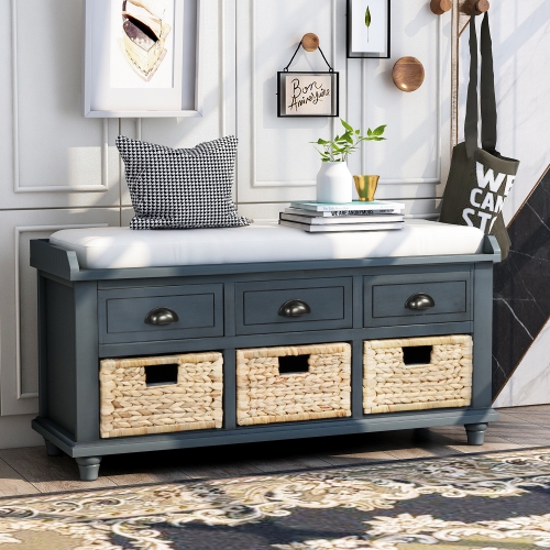 STREAMDALE FURNITURE  Rustic Storage Bench With Drawers & Baskets - Entryway Shoe Bench (Navy)