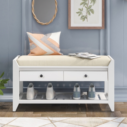White Entryway Shoe Rack Bench with Seat & Drawers