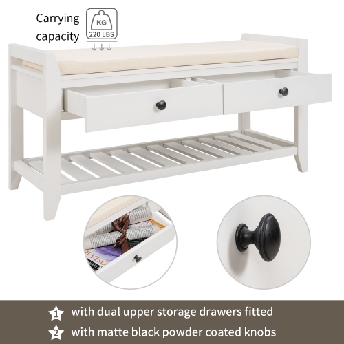 White Entryway Shoe Rack Bench with Seat & Drawers