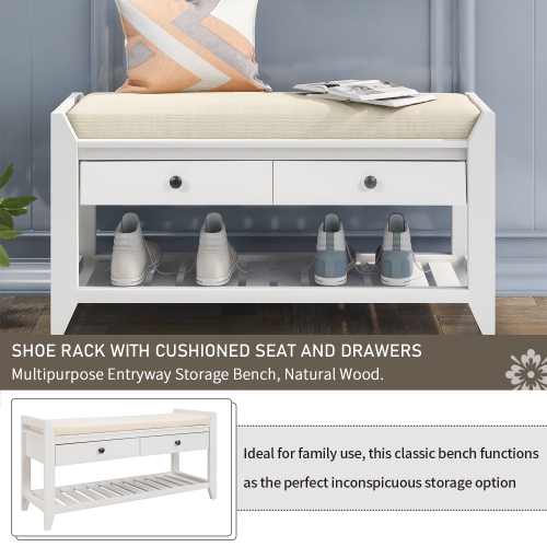 White Entryway Shoe Rack Bench with Seat & Drawers