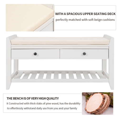 White Entryway Shoe Rack Bench with Seat & Drawers