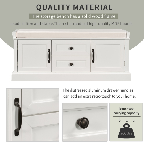 Banc de rangement blanc avec portes et tablettes, coussin amovible