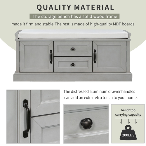 Gray Wash Storage Bench with Doors & Shelves, Removable Cushion