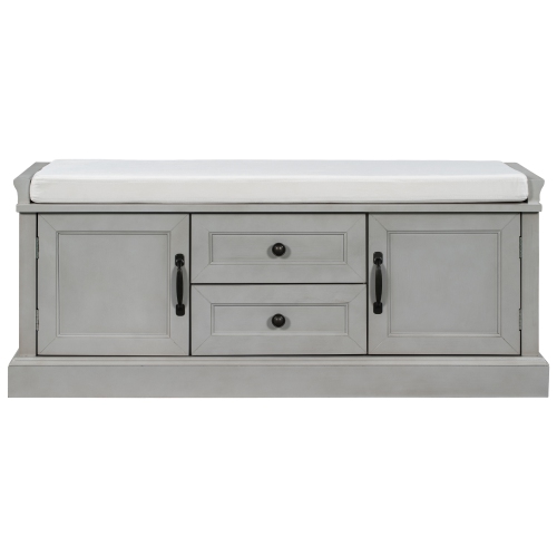 Gray Wash Storage Bench with Doors & Shelves, Removable Cushion