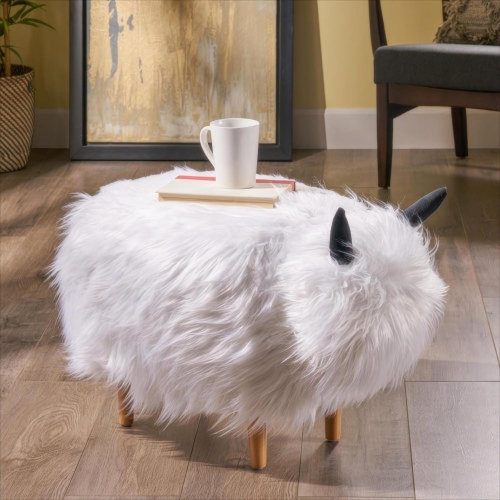 White Yak Ottoman Foot Stool - Upholstered Seat for Living Room, Bedroom