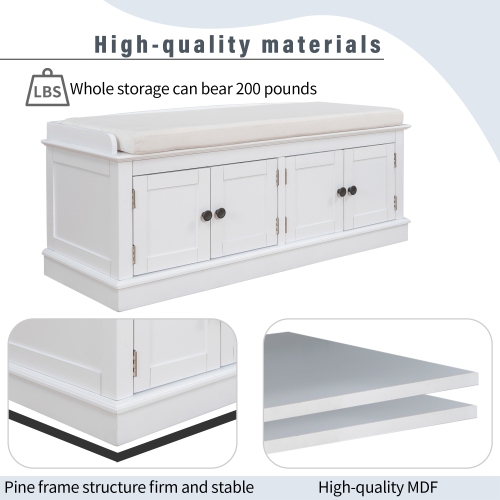 Banc de rangement blanc avec portes et tablettes, coussin amovible