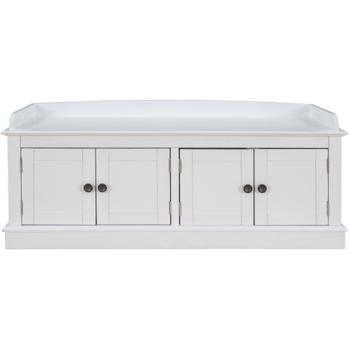 Banc de rangement blanc avec portes et tablettes, coussin amovible