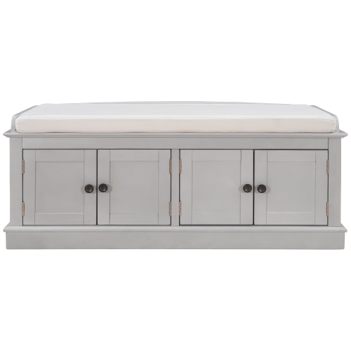 Banc de rangement gris délavé avec portes et tablettes, coussin amovible