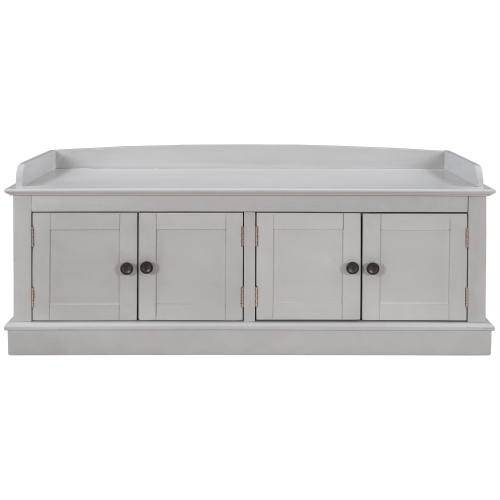 Banc de rangement gris délavé avec portes et tablettes, coussin amovible