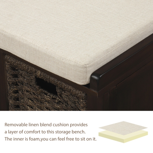 Rustic Entryway Bench with Rattan Baskets & Cushion