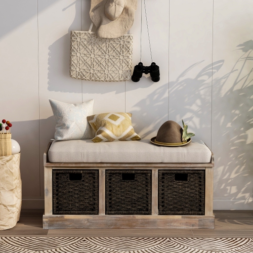 Rustic Entryway Bench with Rattan Baskets & Cushion