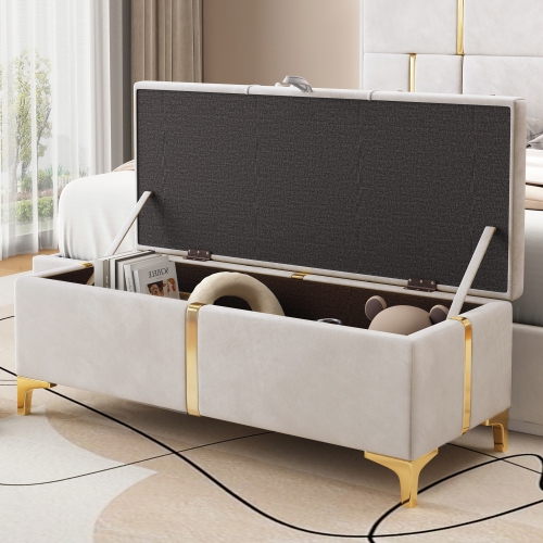 Banc pouf de rangement recouvert beige avec pattes en métal