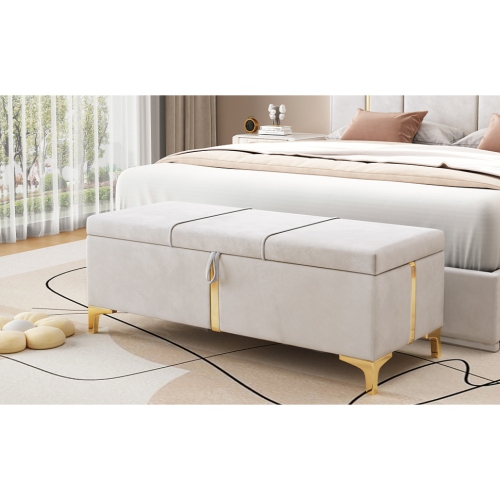 Banc pouf de rangement recouvert beige avec pattes en métal