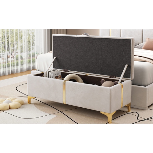 Banc pouf de rangement recouvert beige avec pattes en métal