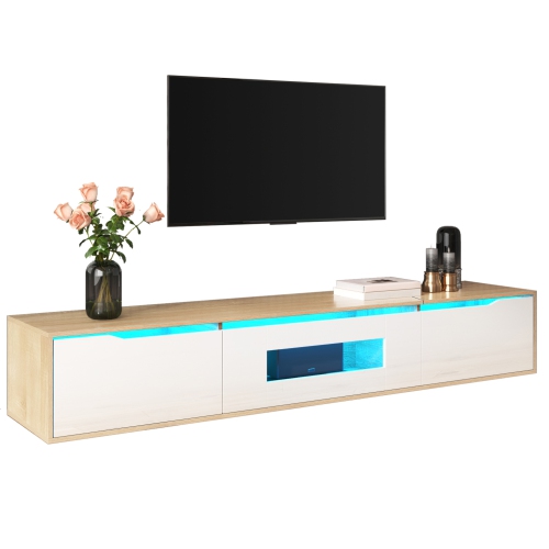 STREAMDALE FURNITURE  High-Gloss Tv Stand With Led & Wood Tone, No Glass Doors In White