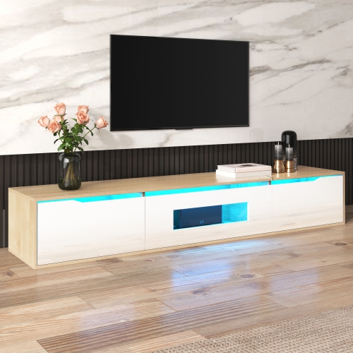 High-Gloss TV Stand with LED, White & Wood Tone, No Glass Doors