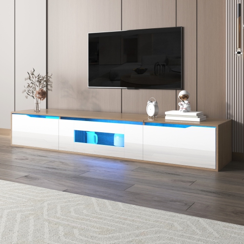 High-Gloss TV Stand with LED, White & Wood Tone, No Glass Doors