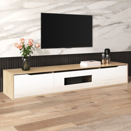 High-Gloss TV Stand with LED, White & Wood Tone, No Glass Doors