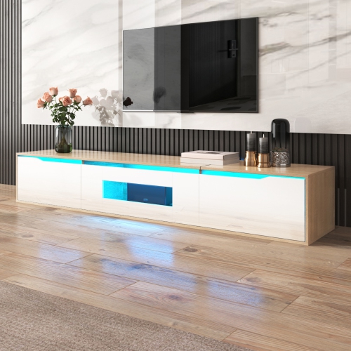 High-Gloss TV Stand with LED, White & Wood Tone, No Glass Doors
