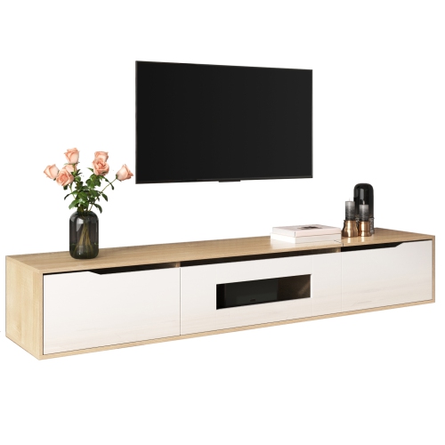 High-Gloss TV Stand with LED, White & Wood Tone, No Glass Doors