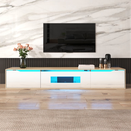 High-Gloss TV Stand with LED, White & Wood Tone, No Glass Doors