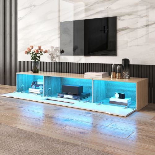 High-Gloss TV Stand with LED, White & Wood Tone, No Glass Doors
