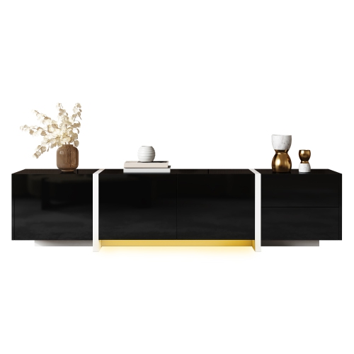 STREAMDALE FURNITURE  Glossy Tv Stand With Led, Drawers & Cabinets - Modern Design