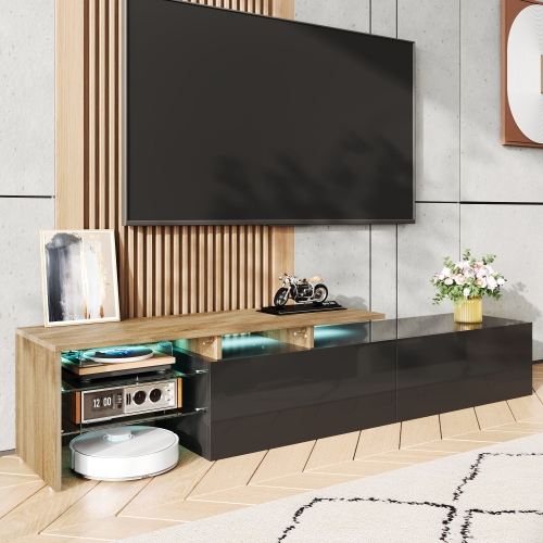 STREAMDALE FURNITURE  High-Gloss Tv Cabinet: Modern Design, Led, Storage, Glass Shelves In Black