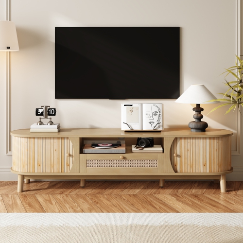 Meuble pour téléviseur en rotin - Portes, tiroirs et rangement en bois massif - Style rustique