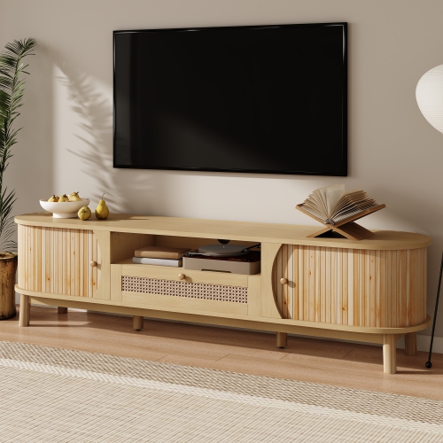 Meuble pour téléviseur en rotin - Portes, tiroirs et rangement en bois massif - Style rustique