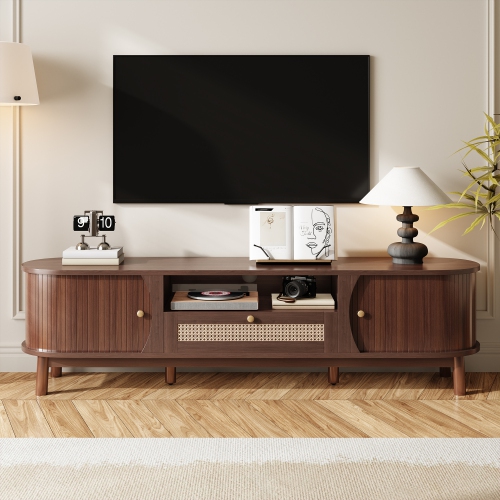 Meuble pour téléviseur en rotin - Portes, tiroirs et rangement en bois massif - Style rustique