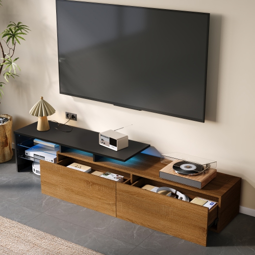 Modern TV Stand - Black & Wood, Glass, LED, Stylish Design
