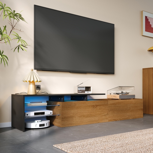 Modern TV Stand - Black & Wood, Glass, LED, Stylish Design