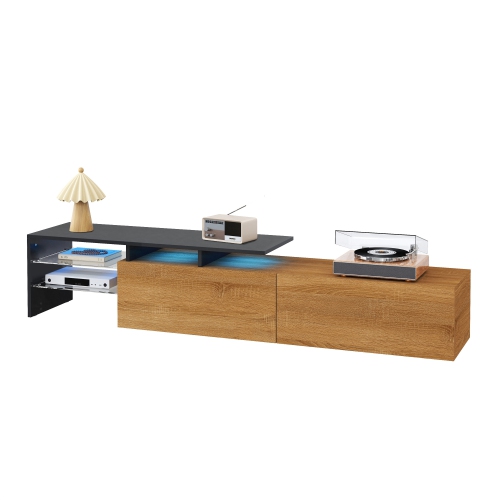 Modern TV Stand - Black & Wood, Glass, LED, Stylish Design