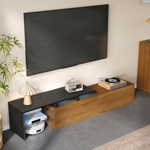 Modern TV Stand - Black & Wood, Glass, LED, Stylish Design